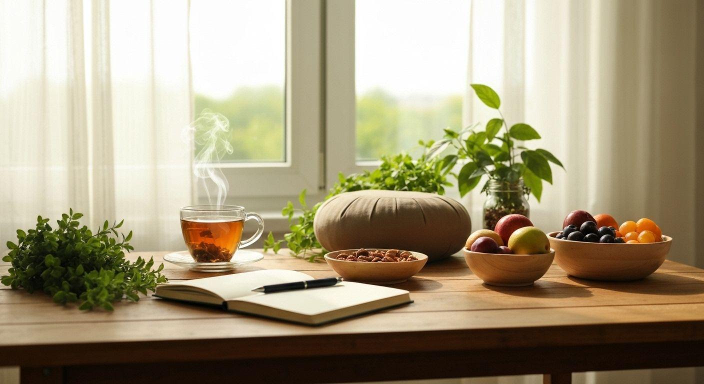 A cozy herbal tea setup with greenery, fruits, and a notebook on a wooden table.